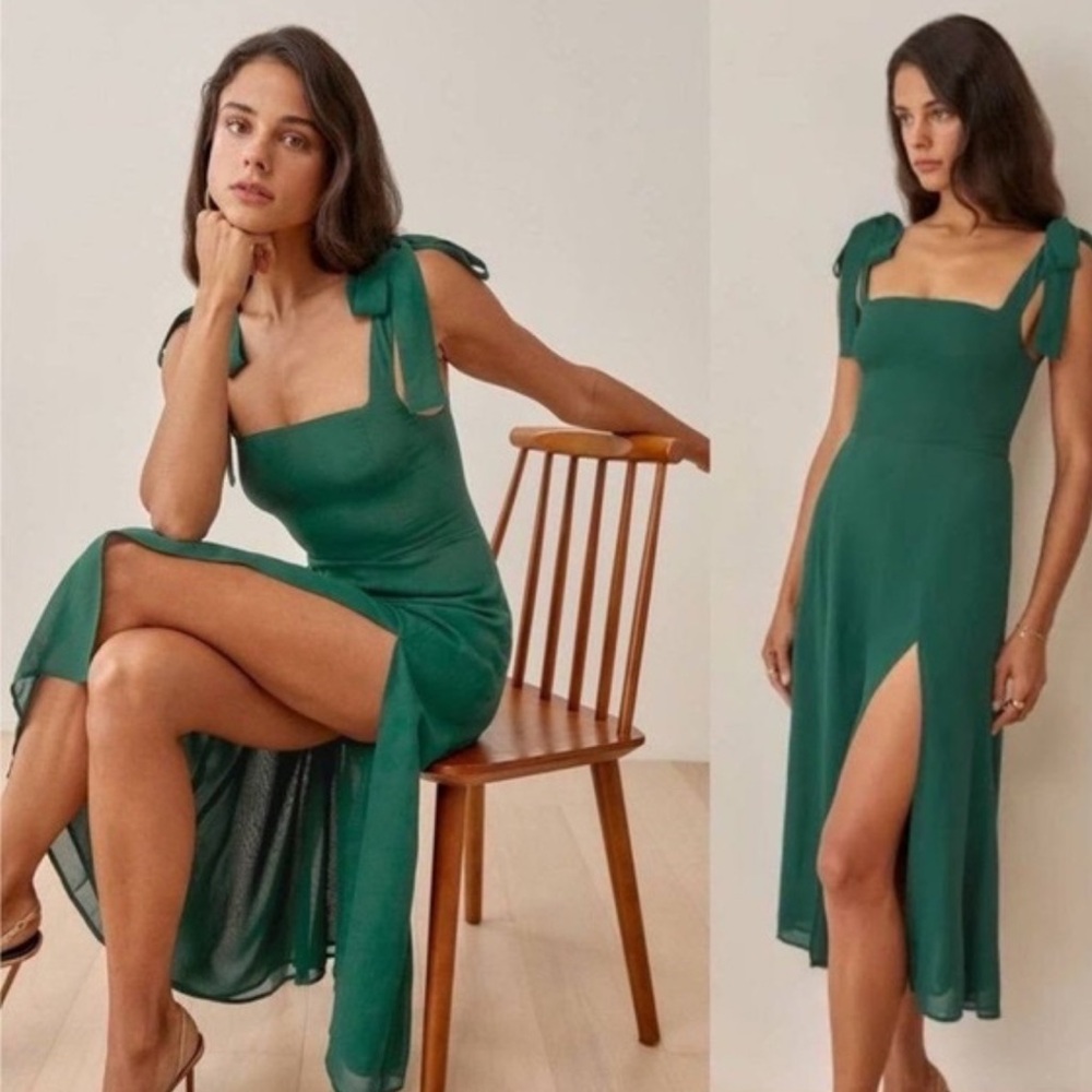 Reformation Twilight Dress in Emerald Green Midi Tie Straps